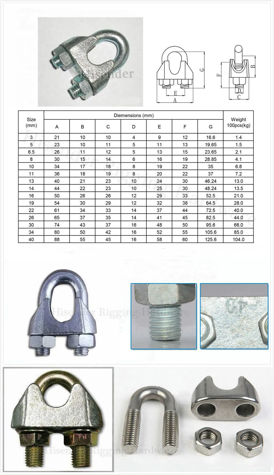 Rigging Fastener Zinc Plated DIN741 Wire Rope Clamp