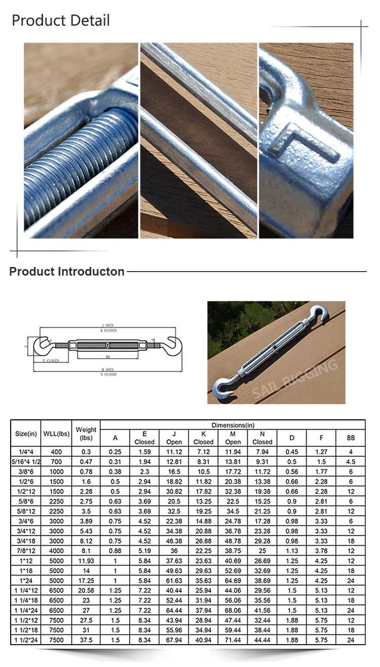 Us Type Hot Galvanized Turnbuckle with Hook and Hook